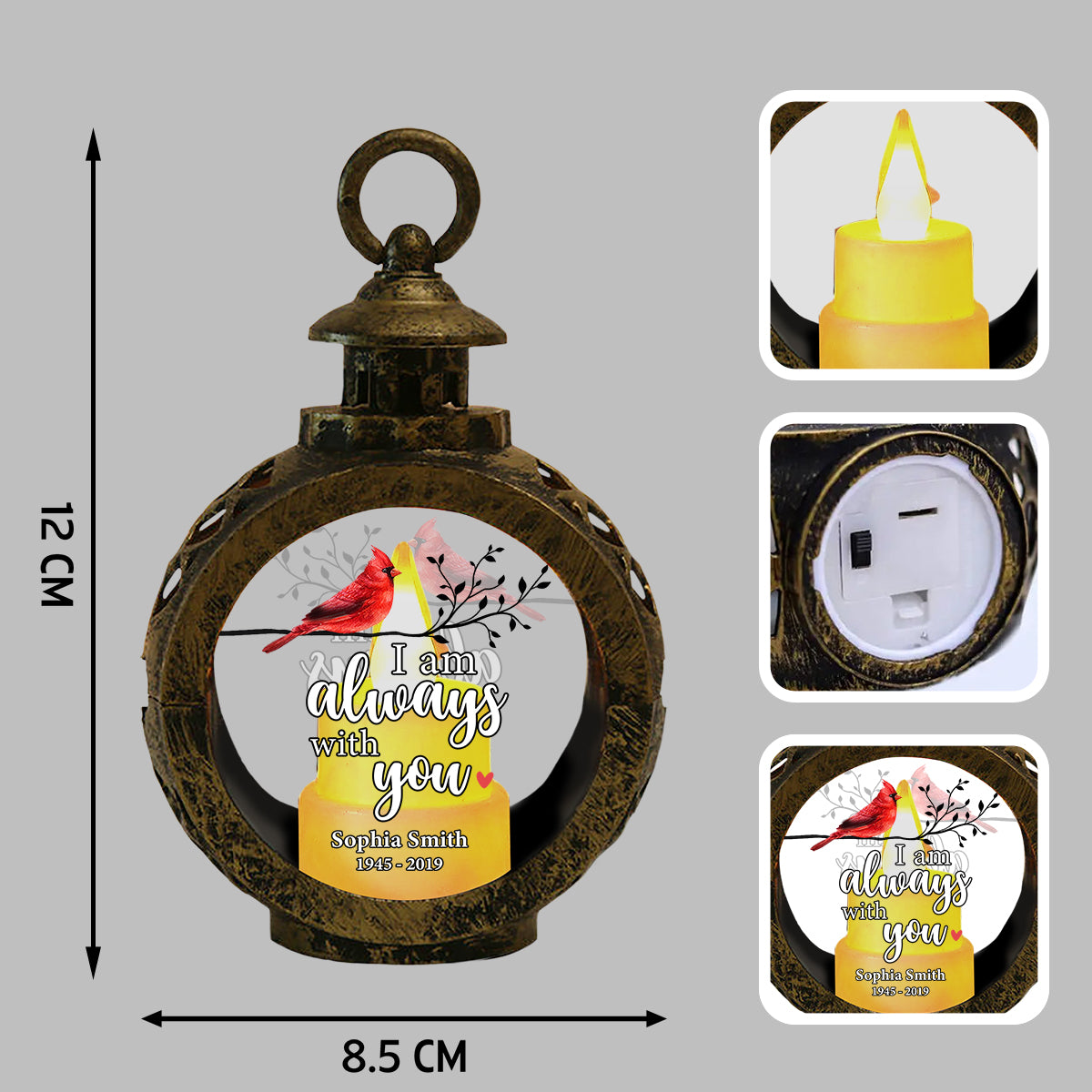Always With You Cardinal On Branch Memorial Keepsake Personalized Lantern Ornament
