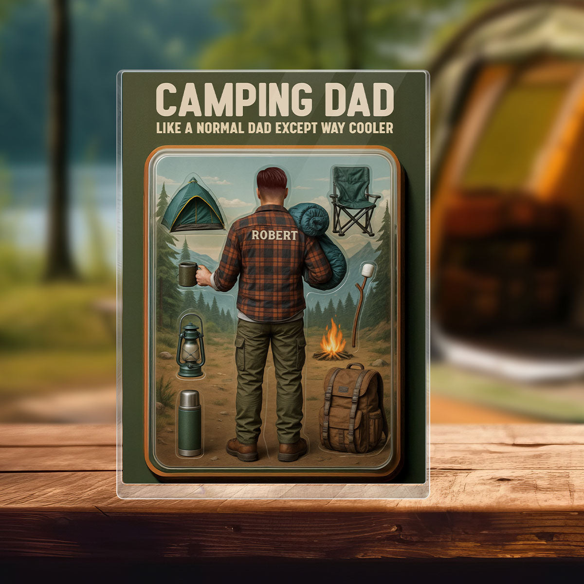 3D Effect Camping Dad Custom Figure Personalized Flat Rectangle Acrylic Block, Gift For Dad