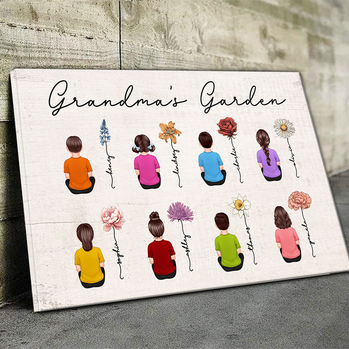Grandkids Sitting Grandma Garden Vintage Birth Month Flowers Mother‘s Day Gift Personalized Canvas