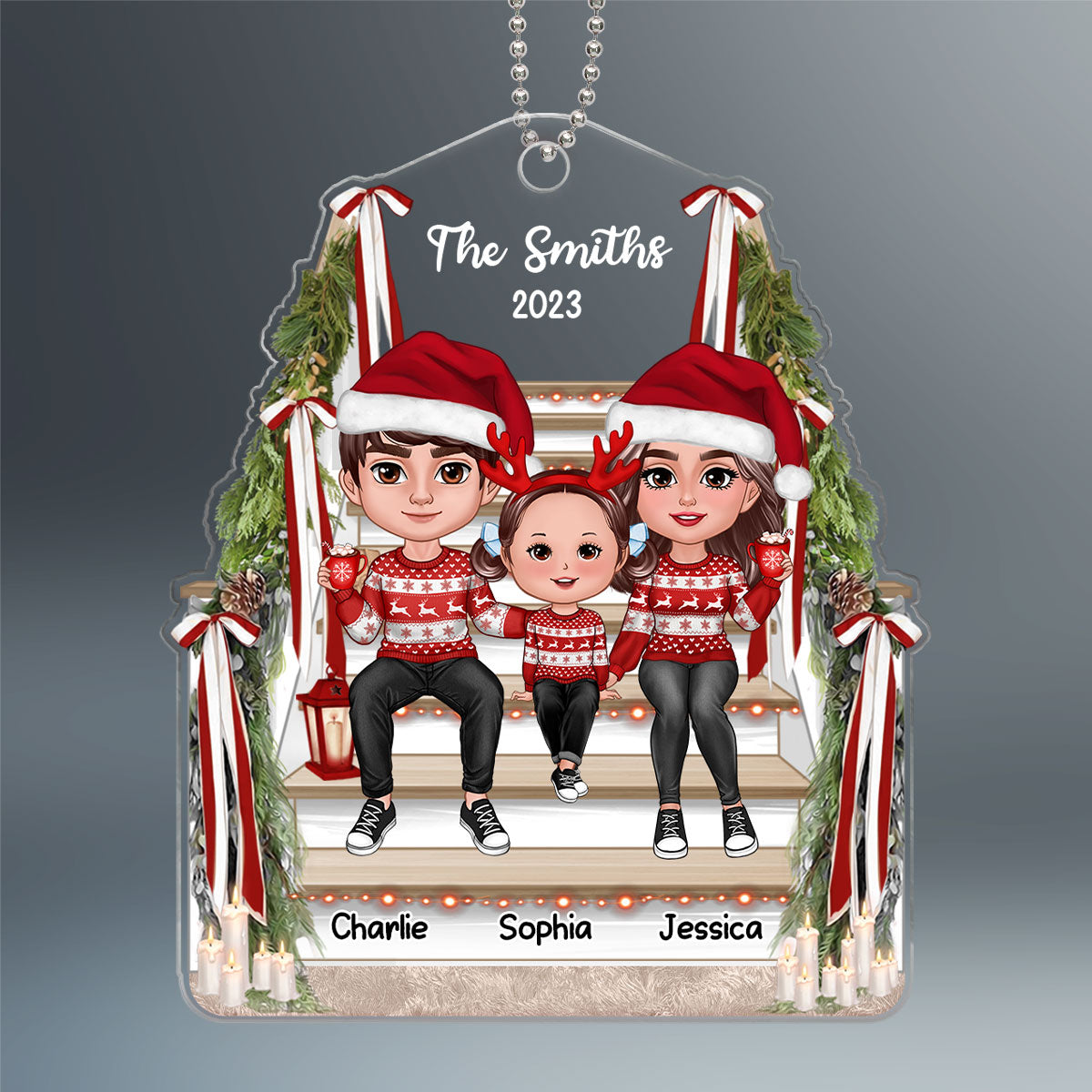 Family Sitting On Stair Christmas Gift Personalized Acrylic Ornament