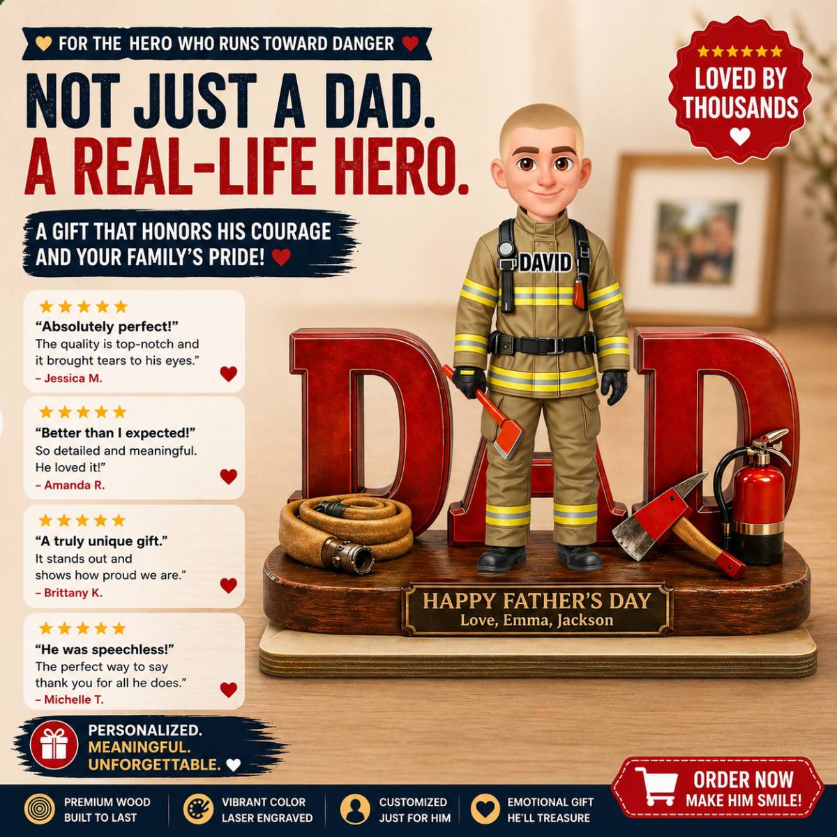 Proud American Firefighter Dad - Personalized 2-Layered Wooden Plaque - Father's Day Gift For Dad