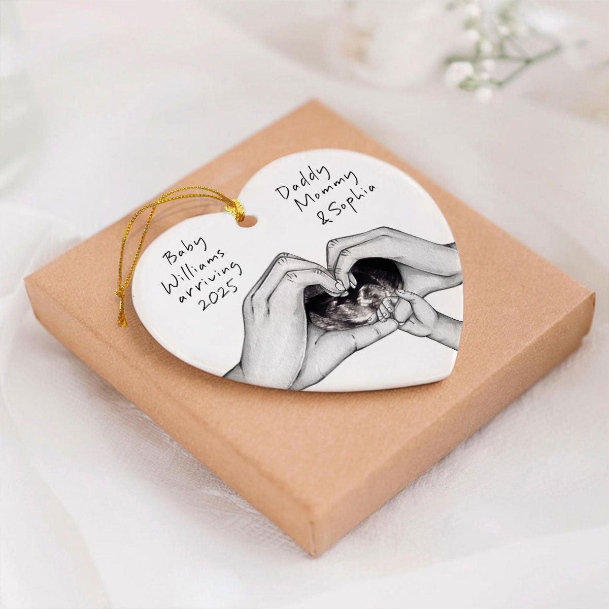 Pregnancy Baby Bump Christmas Tree Decoration, Last Christmas as a Family of 3, Baby Scan Photo Ceramic Ornament, Baby Arriving Next Year