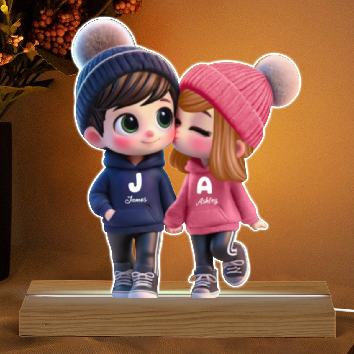3D Effect Cute Cartoon Couple Walking Personalized Custom Shaped LED Night Light,  Gift for Him, Gift for Her