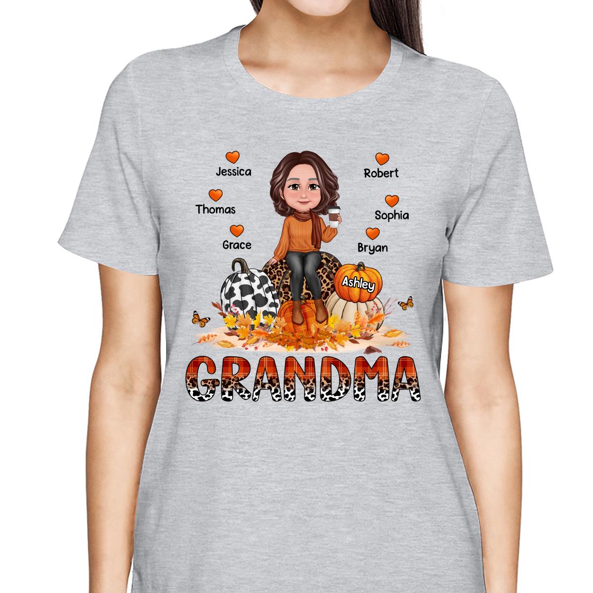 Grandma Mom Patterned Hearts Pumpkins Fall Season Personalized Shirt