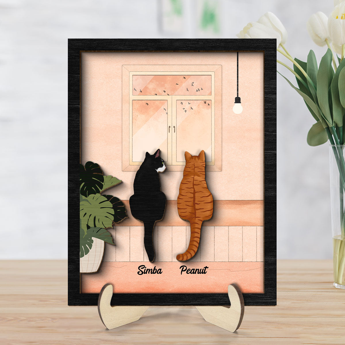 Cat Portrait Print Looking At Birds Outside Window Personalized 2-Layer Wooden Plaque