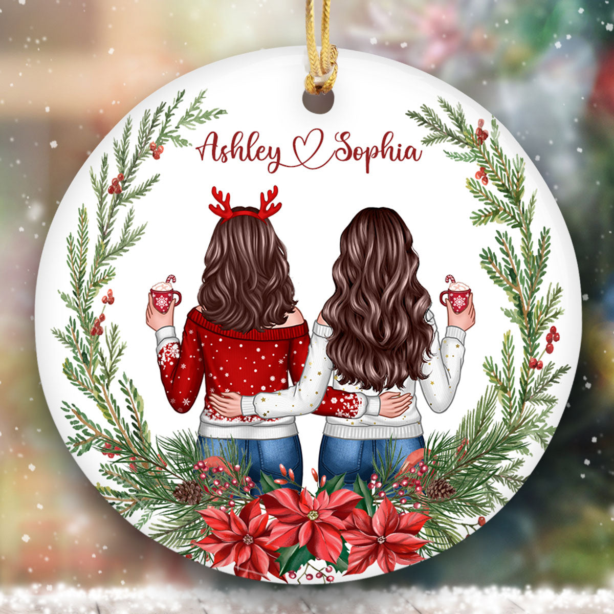 Besties Sisters Friends Back View Christmas Wreath Personalized Circle Ornament