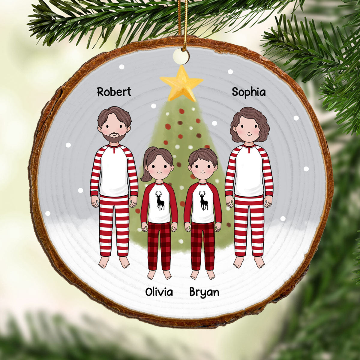 Simple Cartoon Whole Family By Christmas Tree In Snow Wood Slice Personalized Wooden Ornament