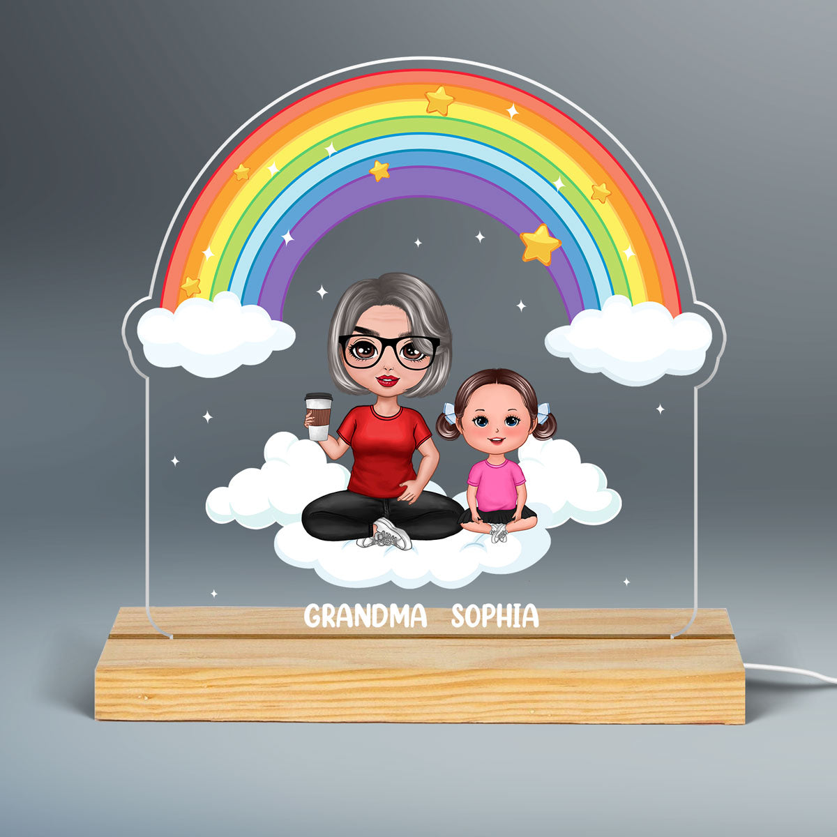 Grandma Grandkid Under The Rainbow Personalized Custom Shape Acrylic Plaque LED Night Light
