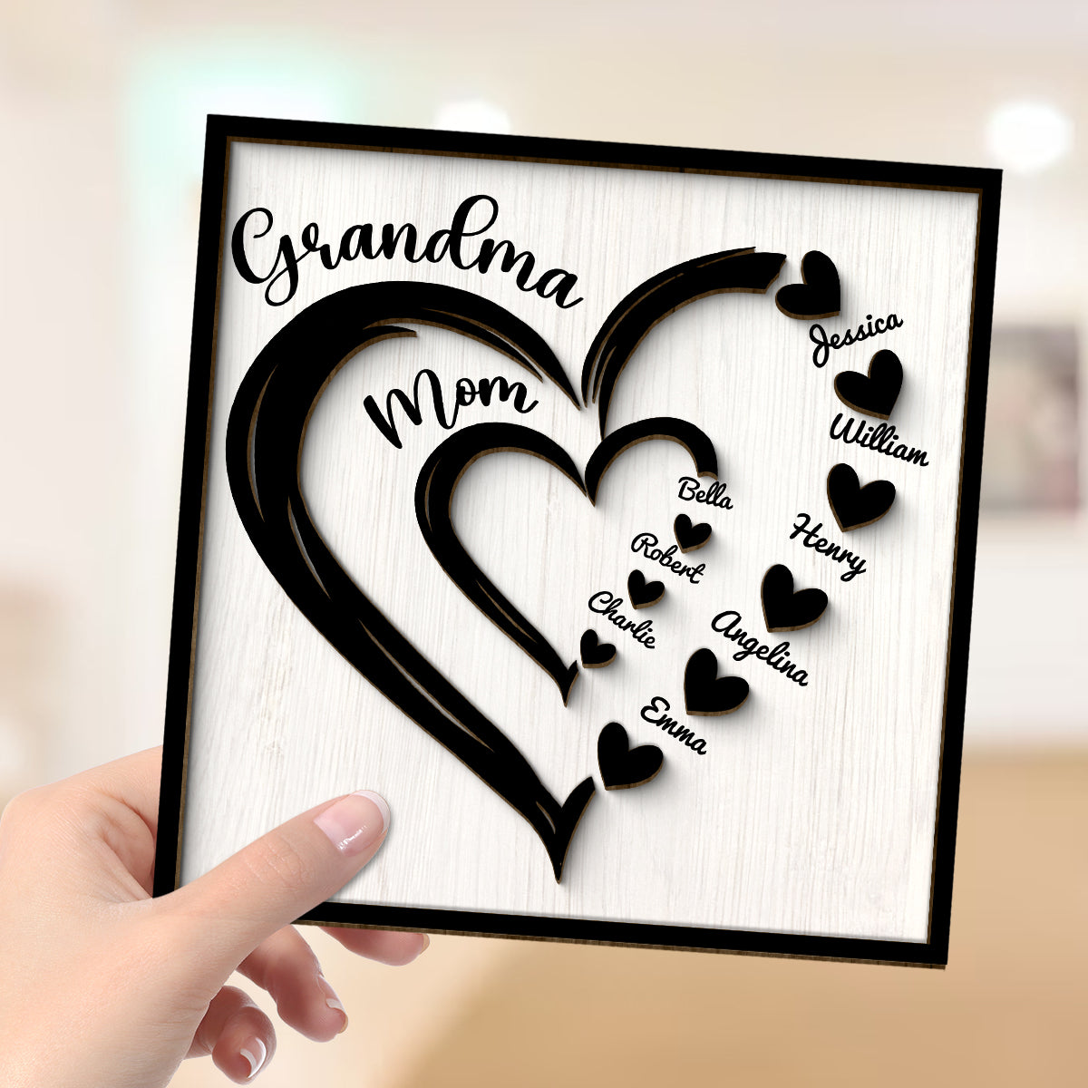 Grandma Mom Heart In Heart Personalized 2-layer Wooden Plaque, Gift For Mom