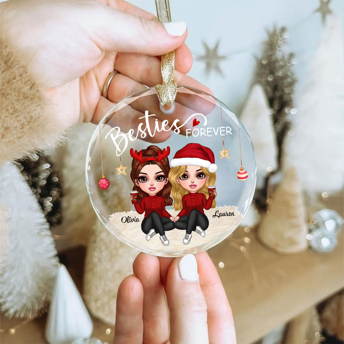Besties Forever Y2K Best Friends Personalized Glass Ornament, Friendship Christmas Gift