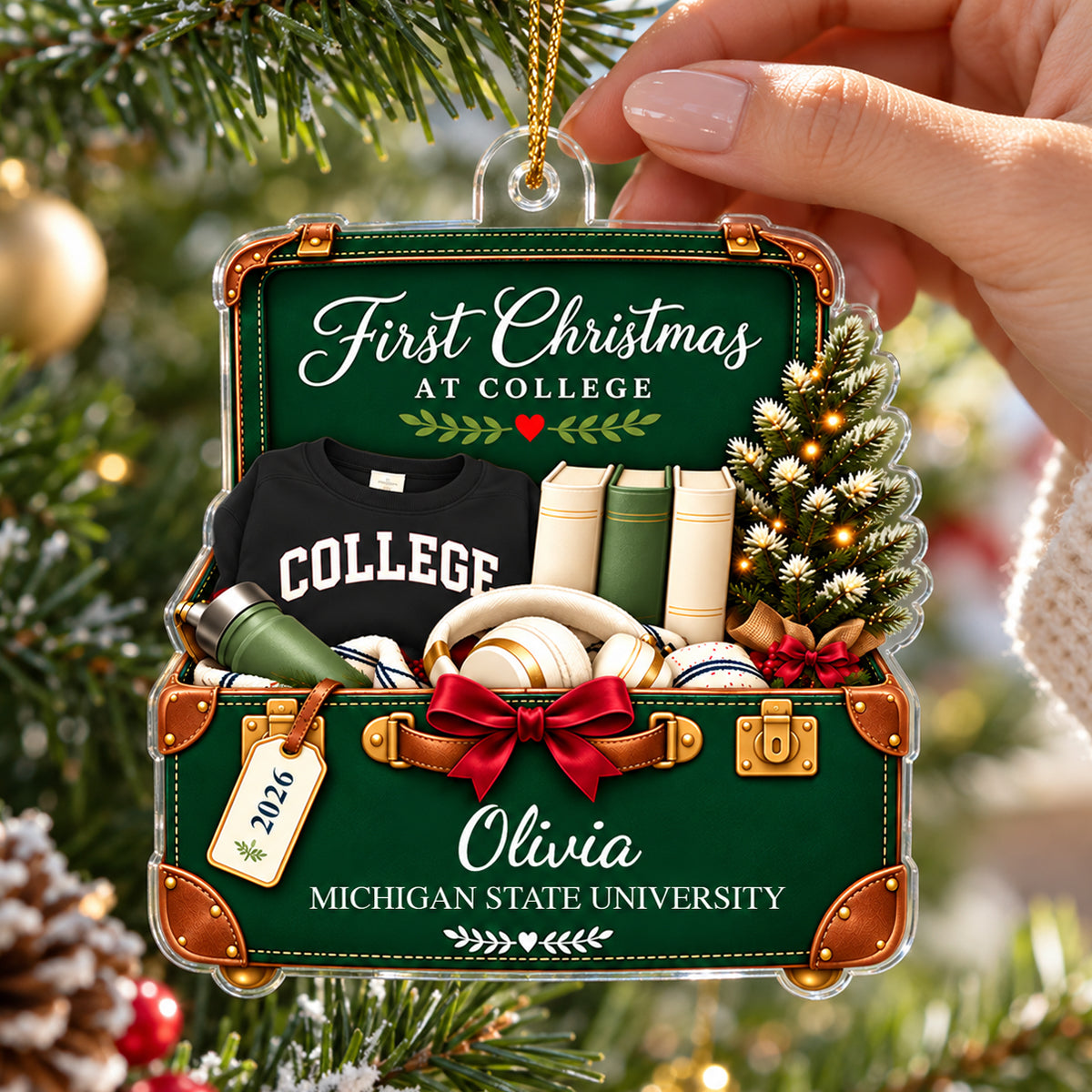 First Christmas at College Suitcase 2D Flat - Personalized Acrylic Ornament – Custom Name & School Christmas Gift for College Freshman