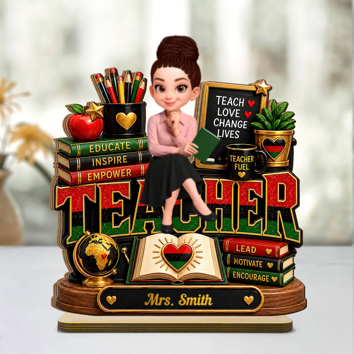 Teach Love Changes Life - Personalized 2-Layered Wooden Plaque - African American Teacher Appreciation Gift