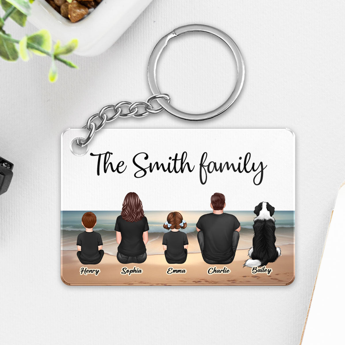 Family Sitting Realistic Beach Landscape Personalized Acrylic Keychain, Gift For Family