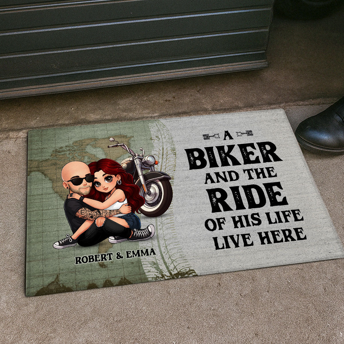 An Old Biker and the Ride of His Life Live Here Personalized Doormat, Custom Motorcycle Gift for Couples