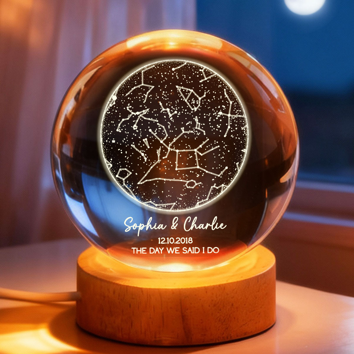 Custom Star Map by Date - Personalized Crystal Ball Night Light - Heartfelt Anniversary Gift, Valentine's Day Gift for Her, for Him