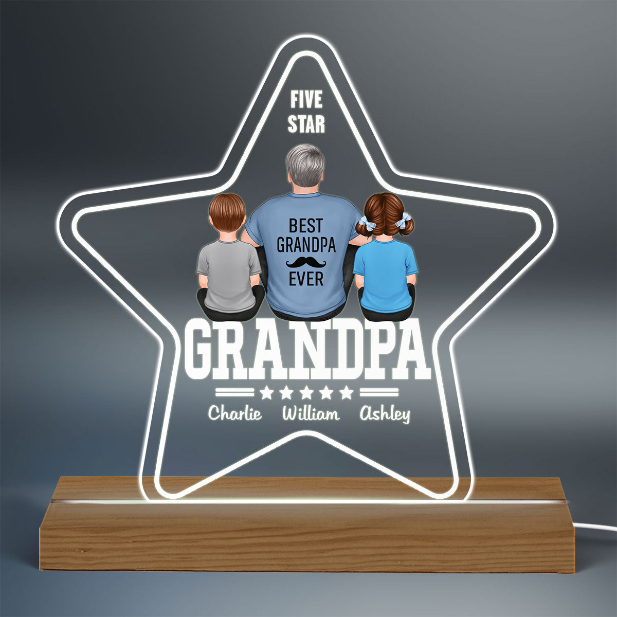 Five - Star Grandpa Back View Dad And Kids Personalized Acrylic Custom Shape LED Night Light