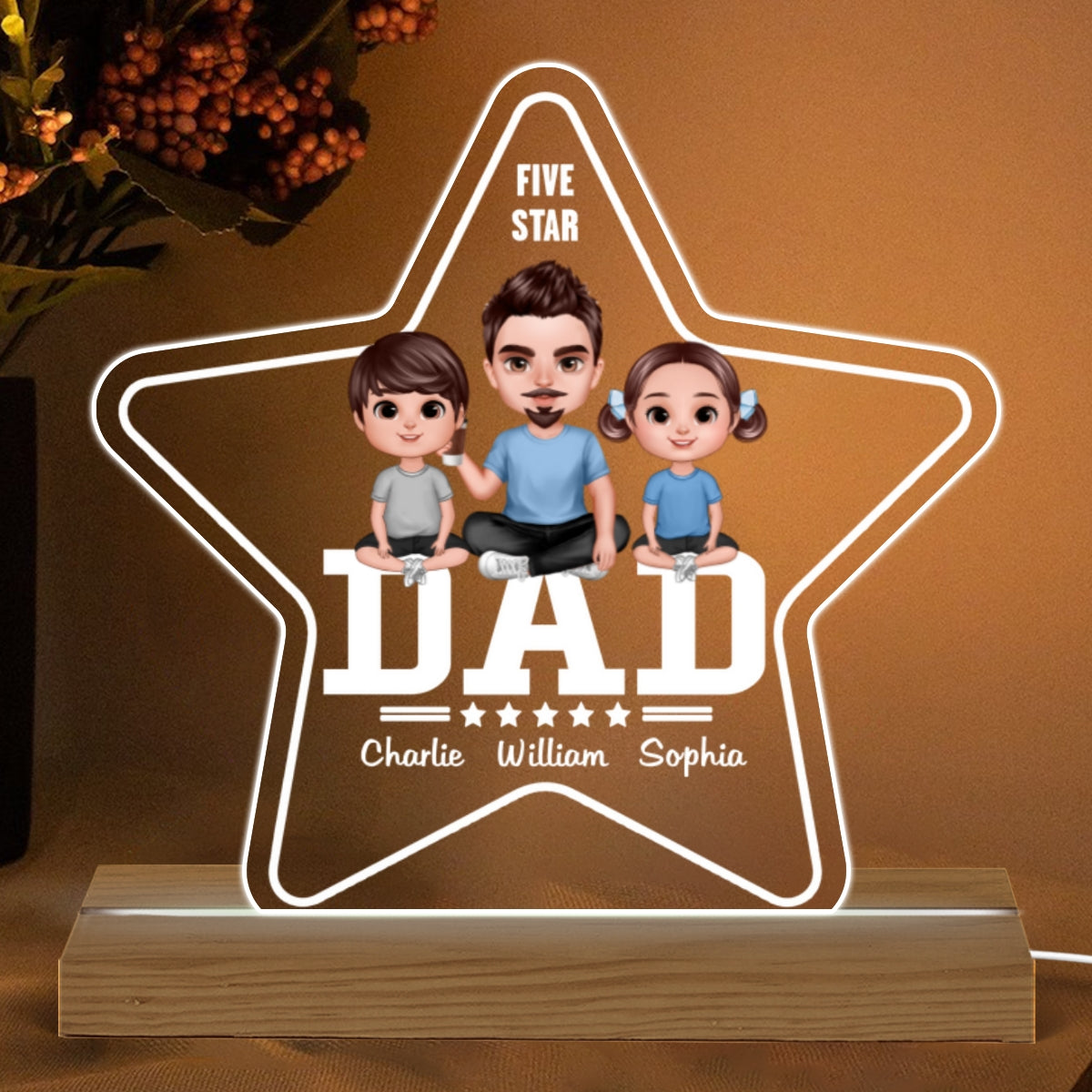 Five - Star Doll Realistic Dad And Kids Personalized Warm Custom Shape Acrylic LED Night Light
