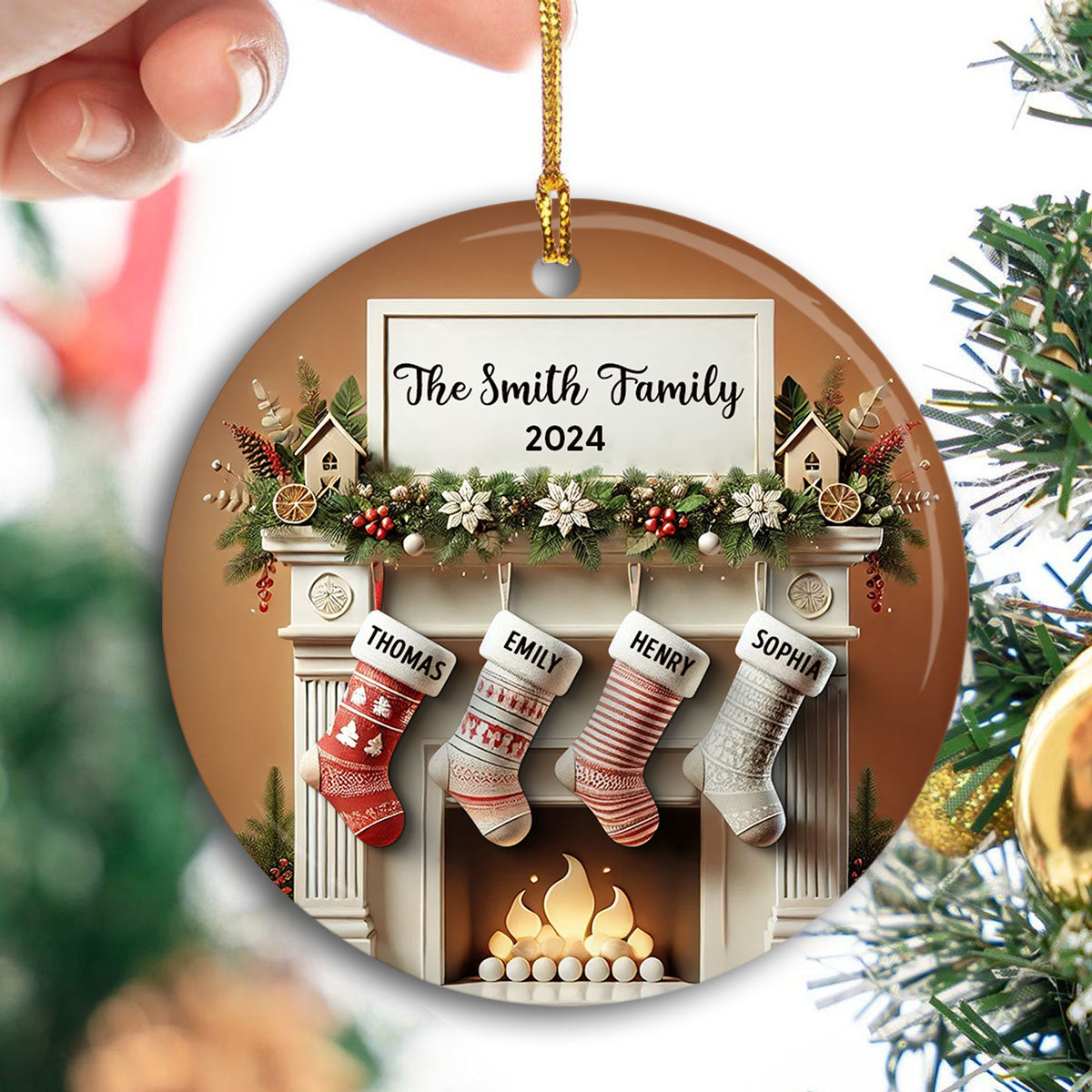 Merry Christmas Festive Fireplace Family Christmas Stockings On Mantel 3D Effect Personalized Ceramic Ornament
