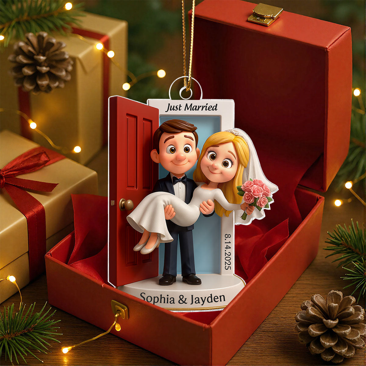 Personalized Our First Christmas Married Ornament | Customized Wedding Couple Threshold, Groom Carrying Bride | Just Married Newlyweds Marriage Keepsake