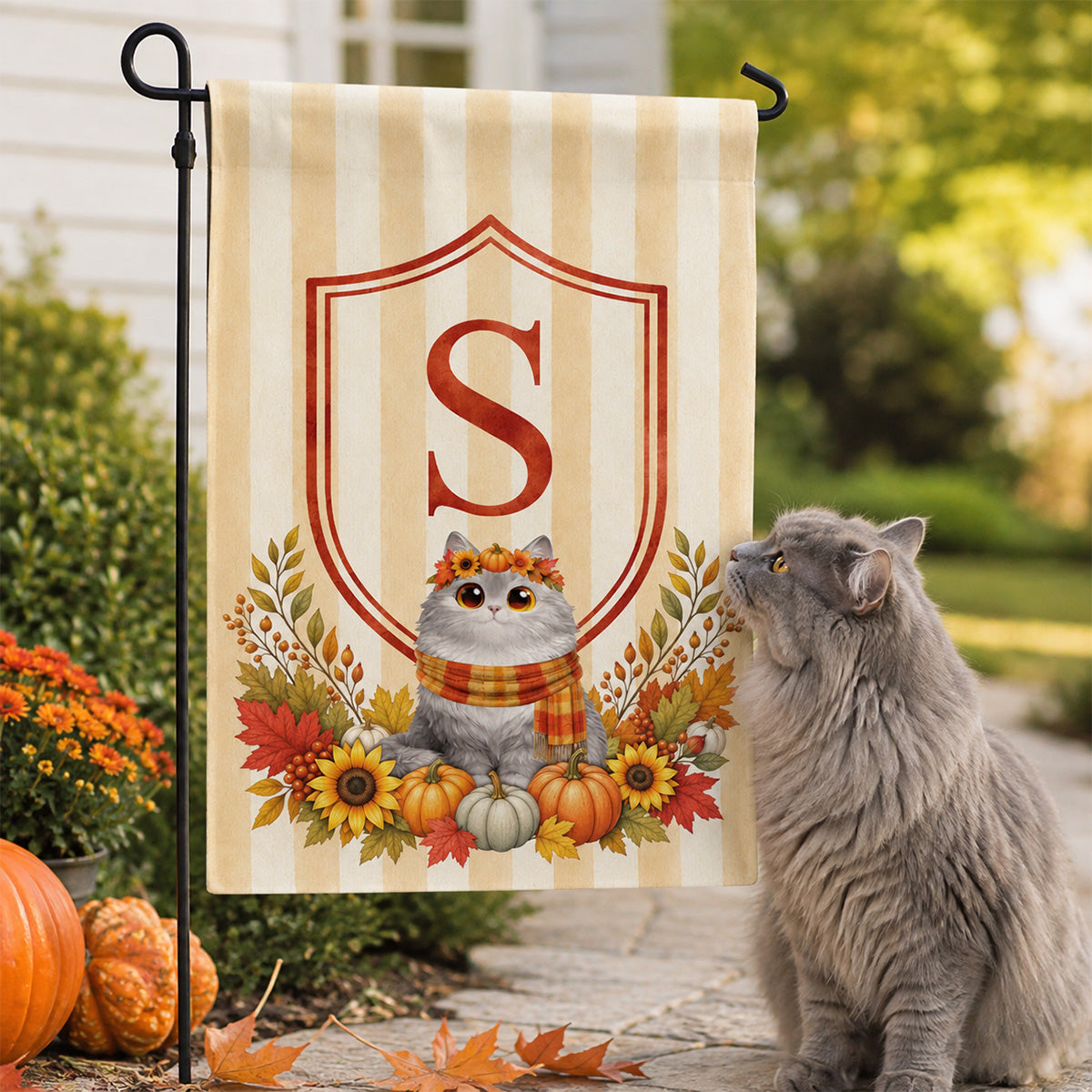Fall Season Monogram Initial Family Cat Lovers - Personalized Garden Flag, Hydrangea Shield