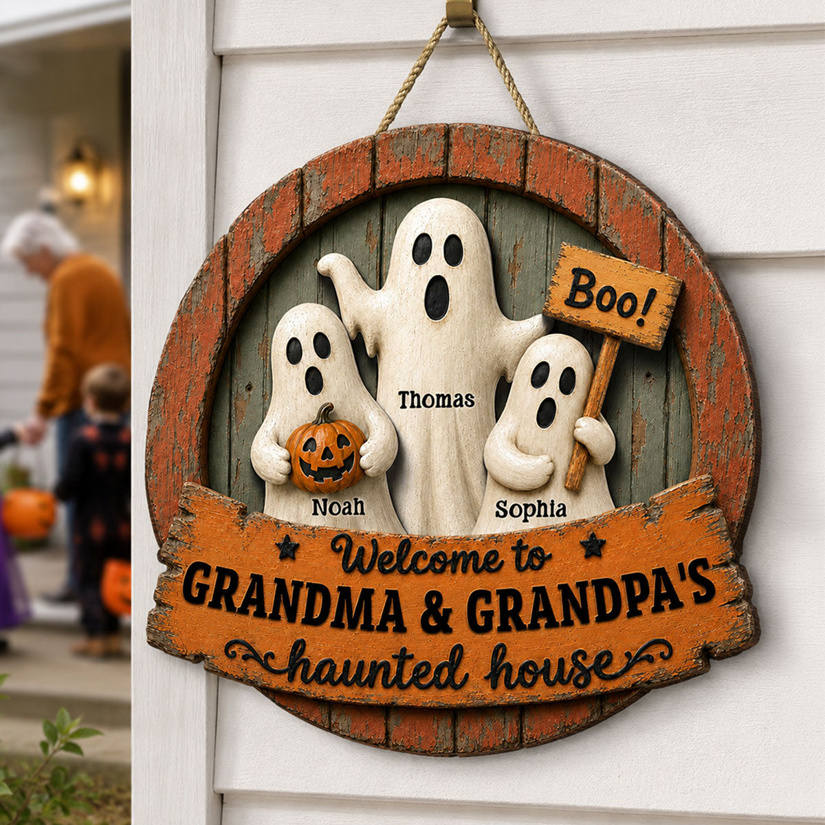 Welcome to Grandma Grandpa's Haunted House - Personalized Door Hanger - Halloween Decor for Grandparents