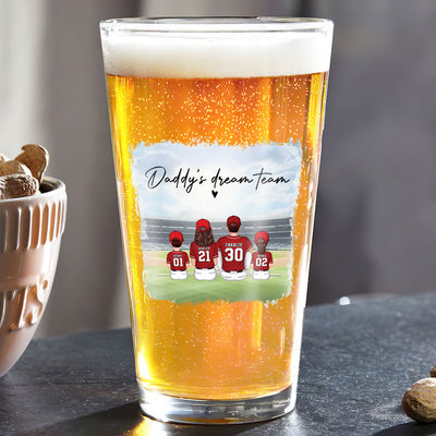 Daddy's Team Baseball Family Sitting Personalized Beer Glass, Unique Birthday Gift For Dad, Father's Day Gift