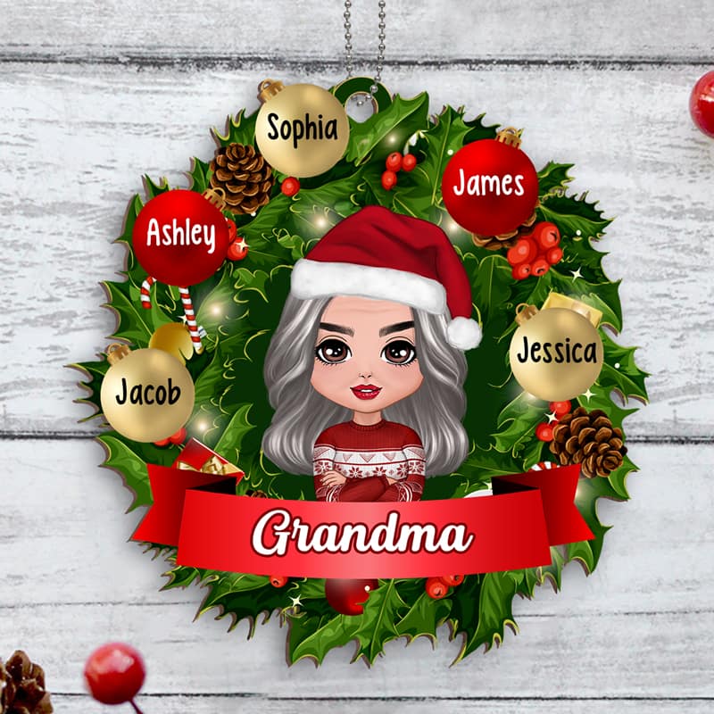 Doll Grandma Christmas Wreath Personalized Wooden Ornament
