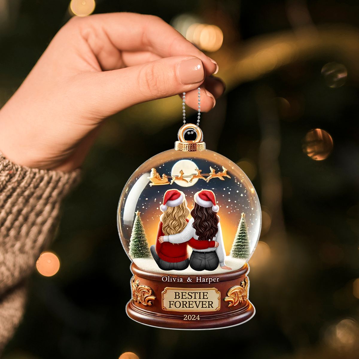 Besties Forever 3D Realistic Snow Globe Personalized Acrylic Ornament, Christmas Gift For Besties