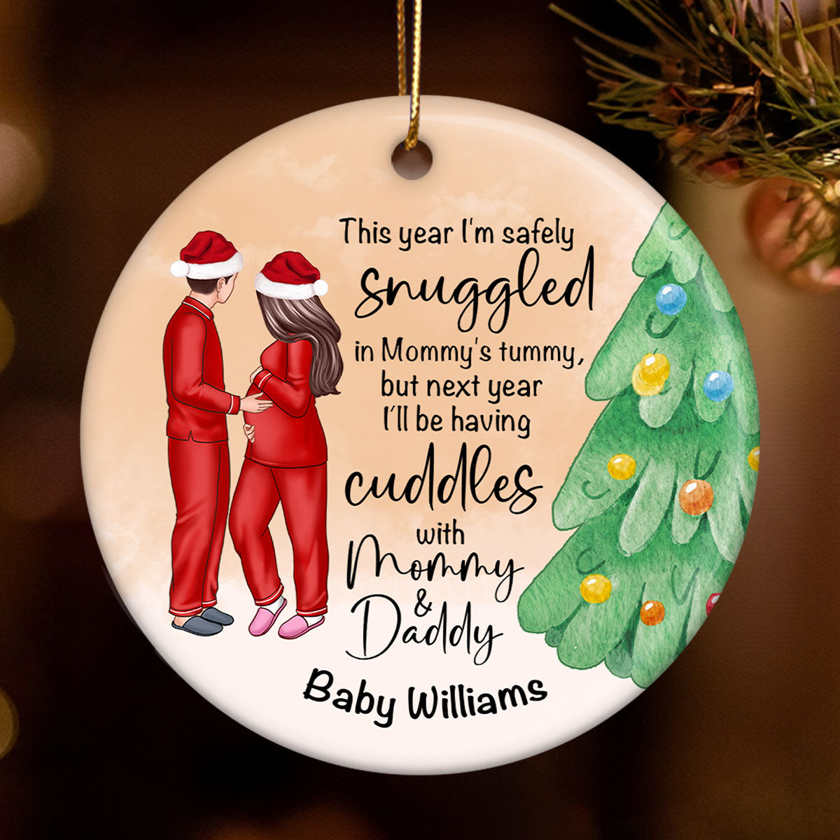 Bump Christmas, Pregnant Couple Ornament, Snuggled in Mommy's Tummy, Personalized Circle Ceramic Ornament