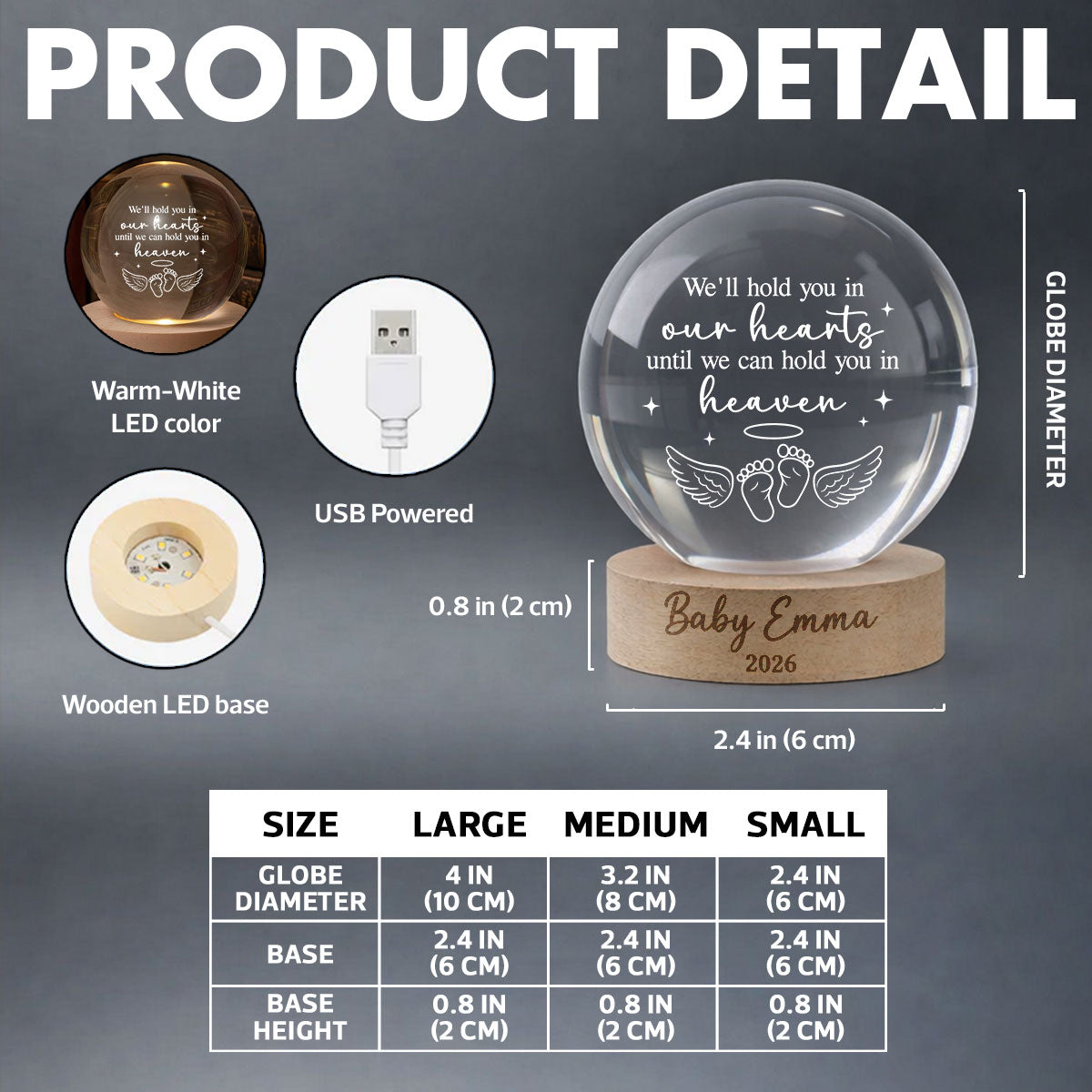 Baby Loss Memorial - Personalized Crystal Ball LED Night Light - Miscarriage Grieving Gift, Angel Baby Memorial Gifts