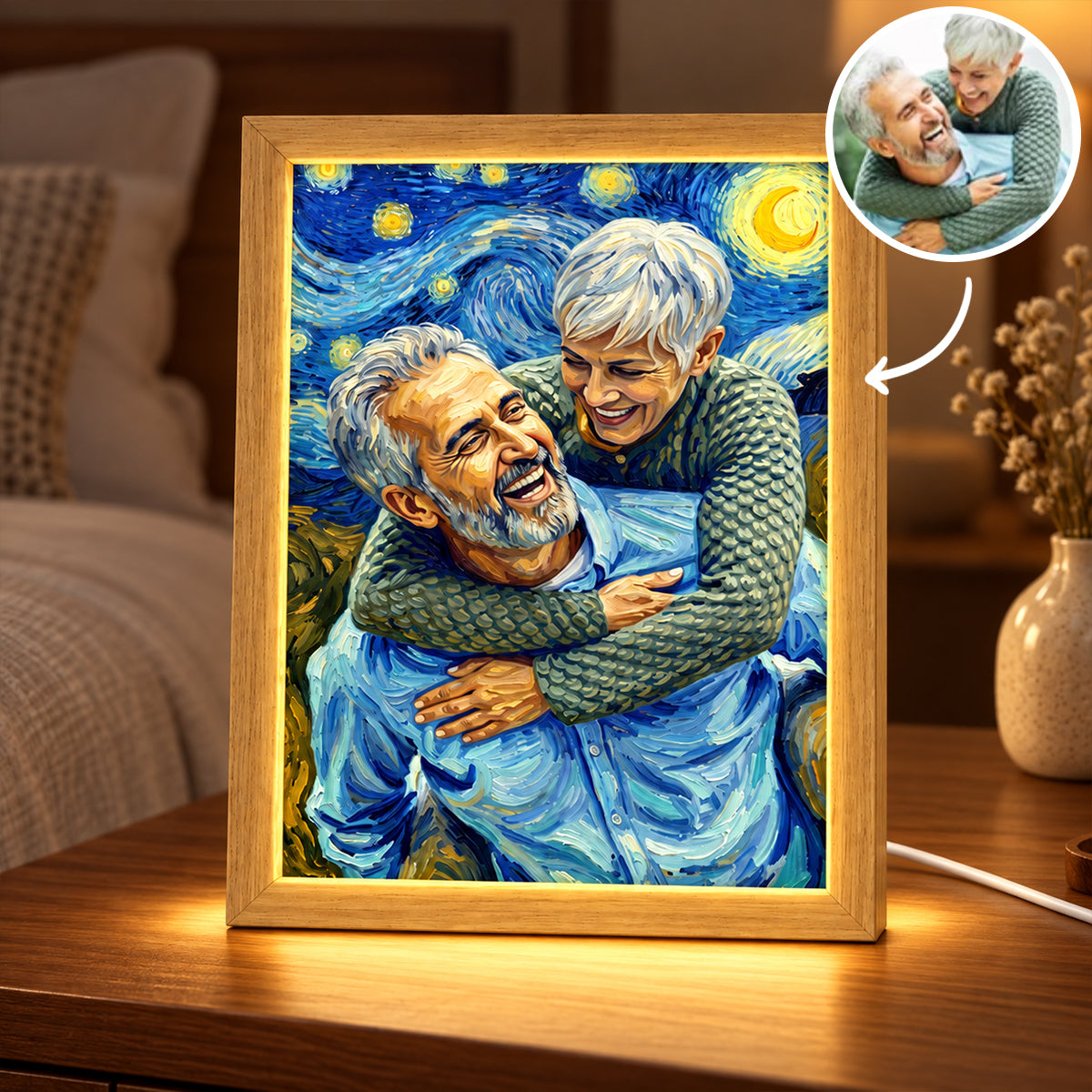 Custom Couple Van Gogh Portrait from Photo - Personalized Mirror Light Box - Heartfelt Anniversary Gift for Her, for Him, Christmas Keepsake