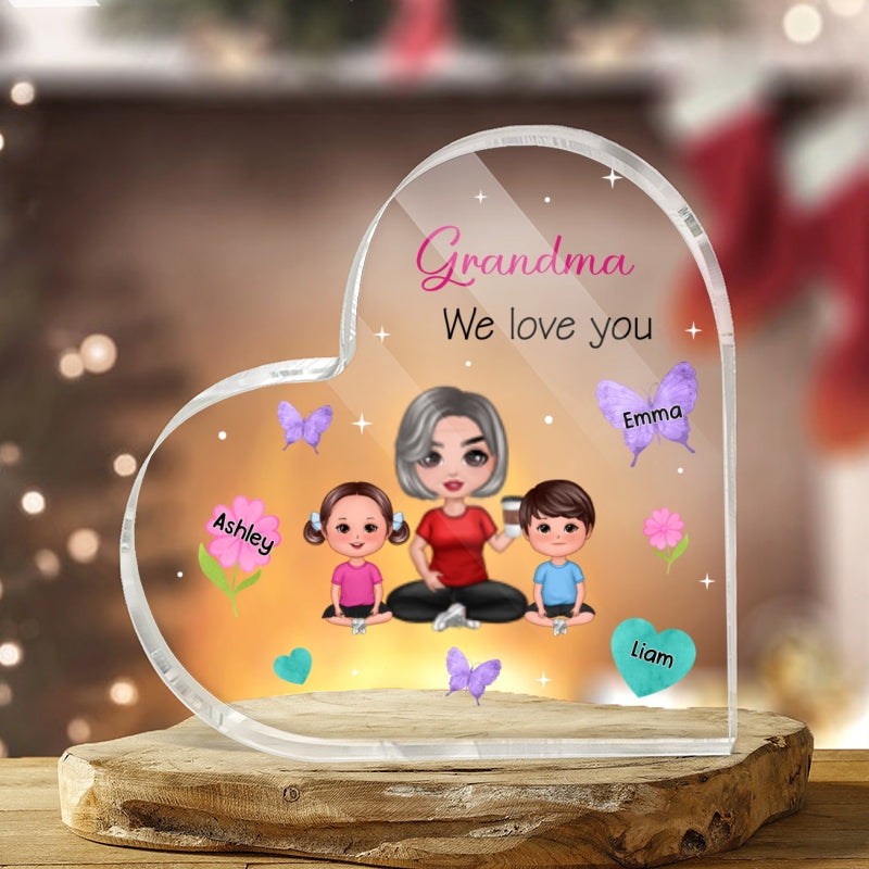 Flowers Butterflies Hearts Doll Grandma Grandkids Personalized Acrylic Heart Plaque