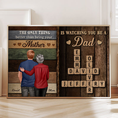 From Mom Dad To Son Watching You Be A Dad Colored Wood Pallets Crossword Puzzle Personalized Poster, Gift For Son
