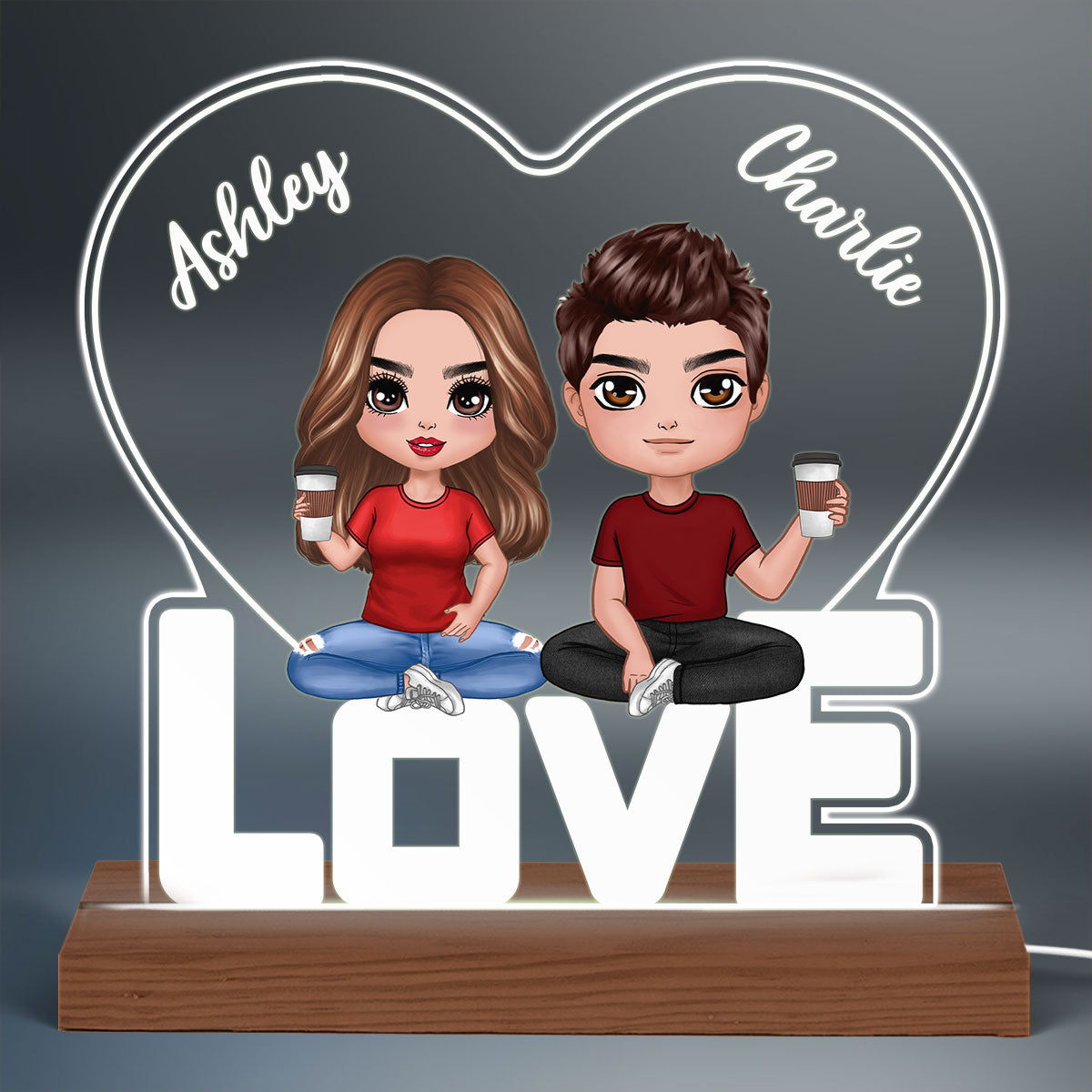 Doll Couple Sitting On LOVE Heart Personalized Custom Shape LED
