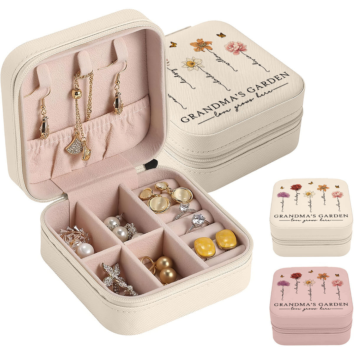 Grandma's Garden Love Grows Here Beautiful Birth Month Flower Personalized Jewelry Box, Gift For Grandma, Mom