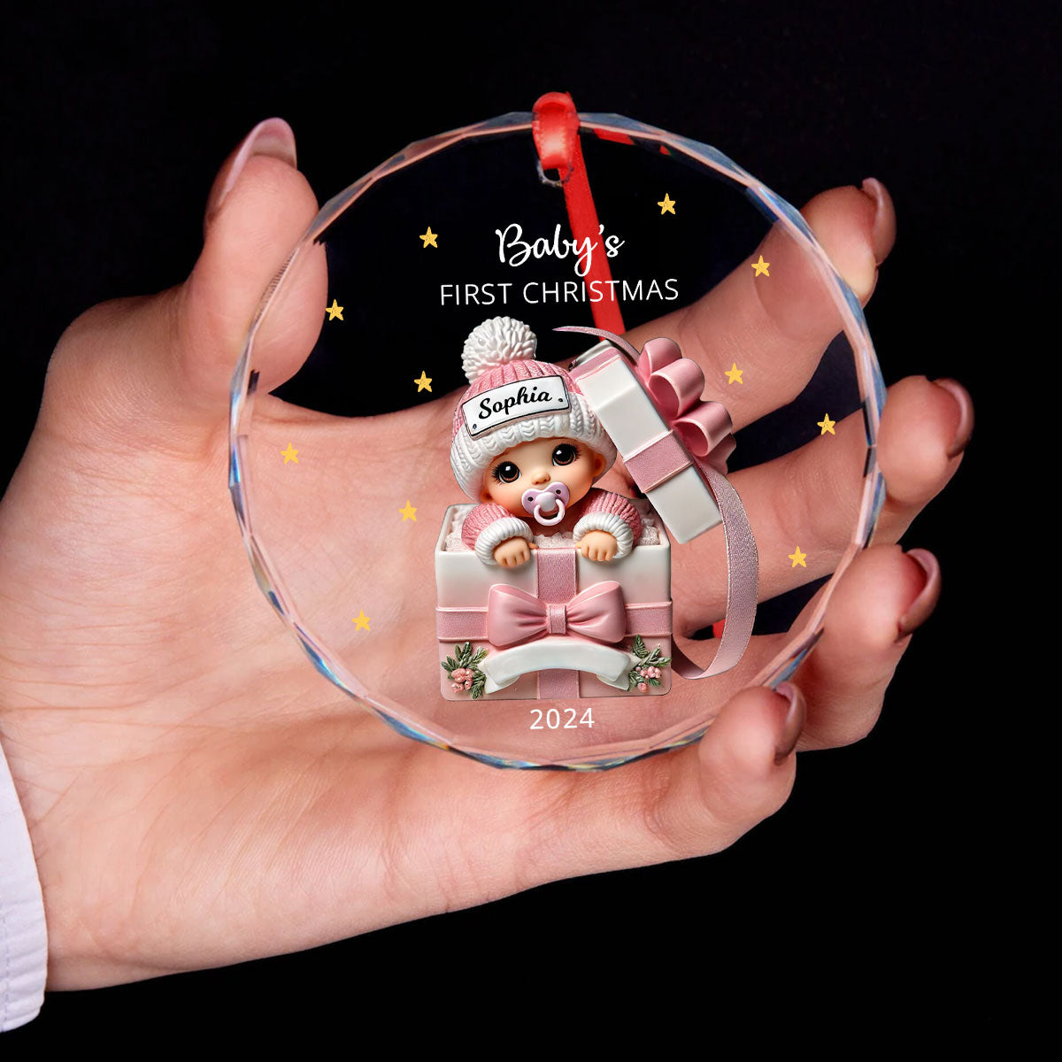 Baby Inside Gift Box Personalized Glass Ornament, Baby First Christmas Keepsake