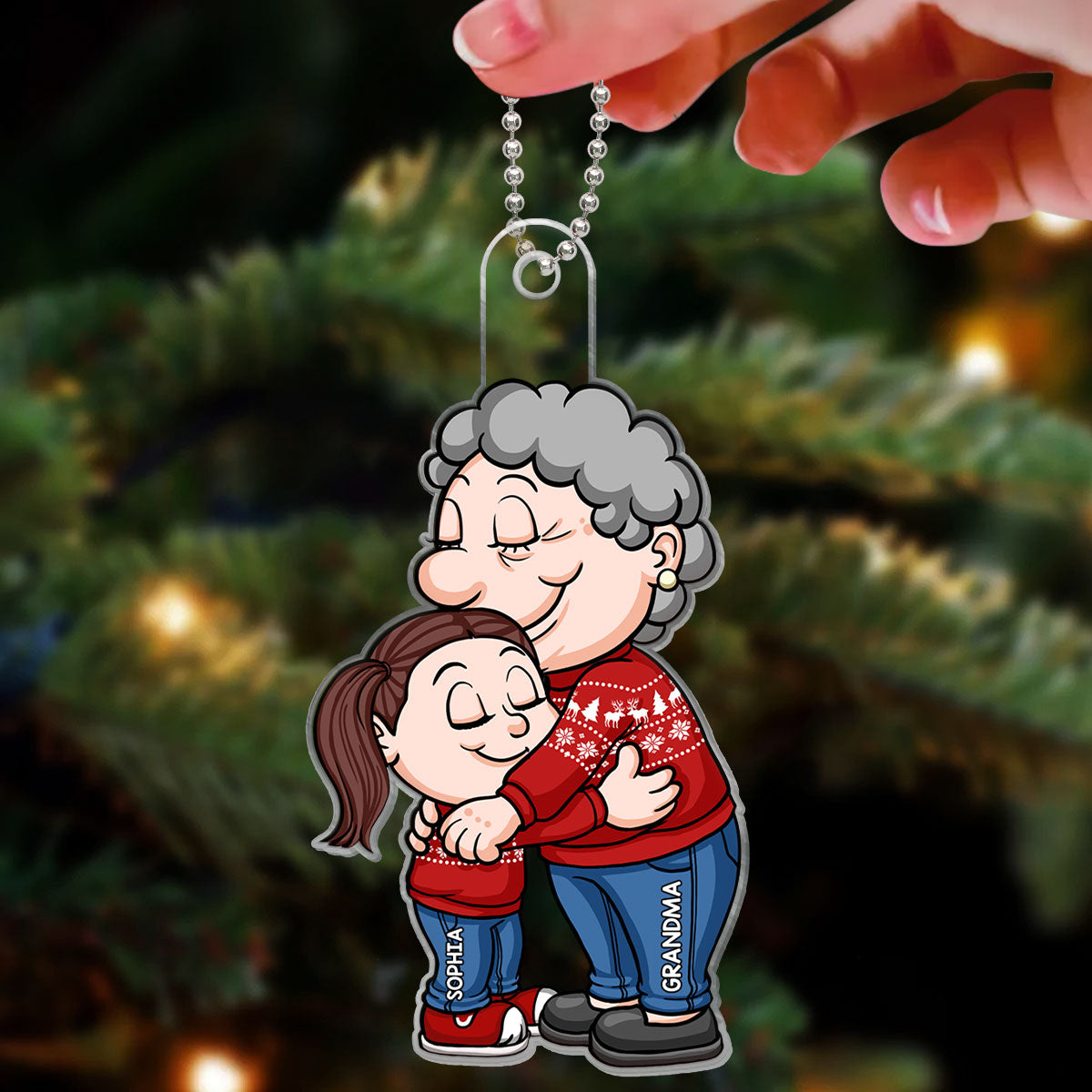 Cute Cartoon Grandma & Grandkid Hugging Christmas Gift For Granddaughter Grandson Personalized Acrylic Ornament