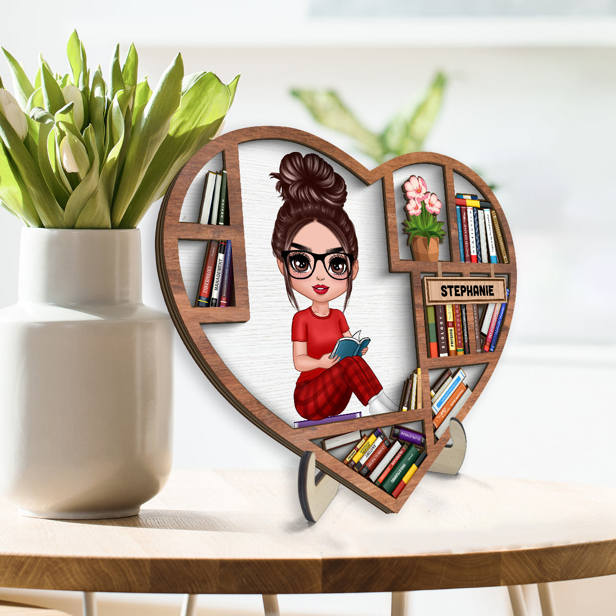 Reading Book Girl Bookshelf Heart Personalized 2-layer Wooden Plaque