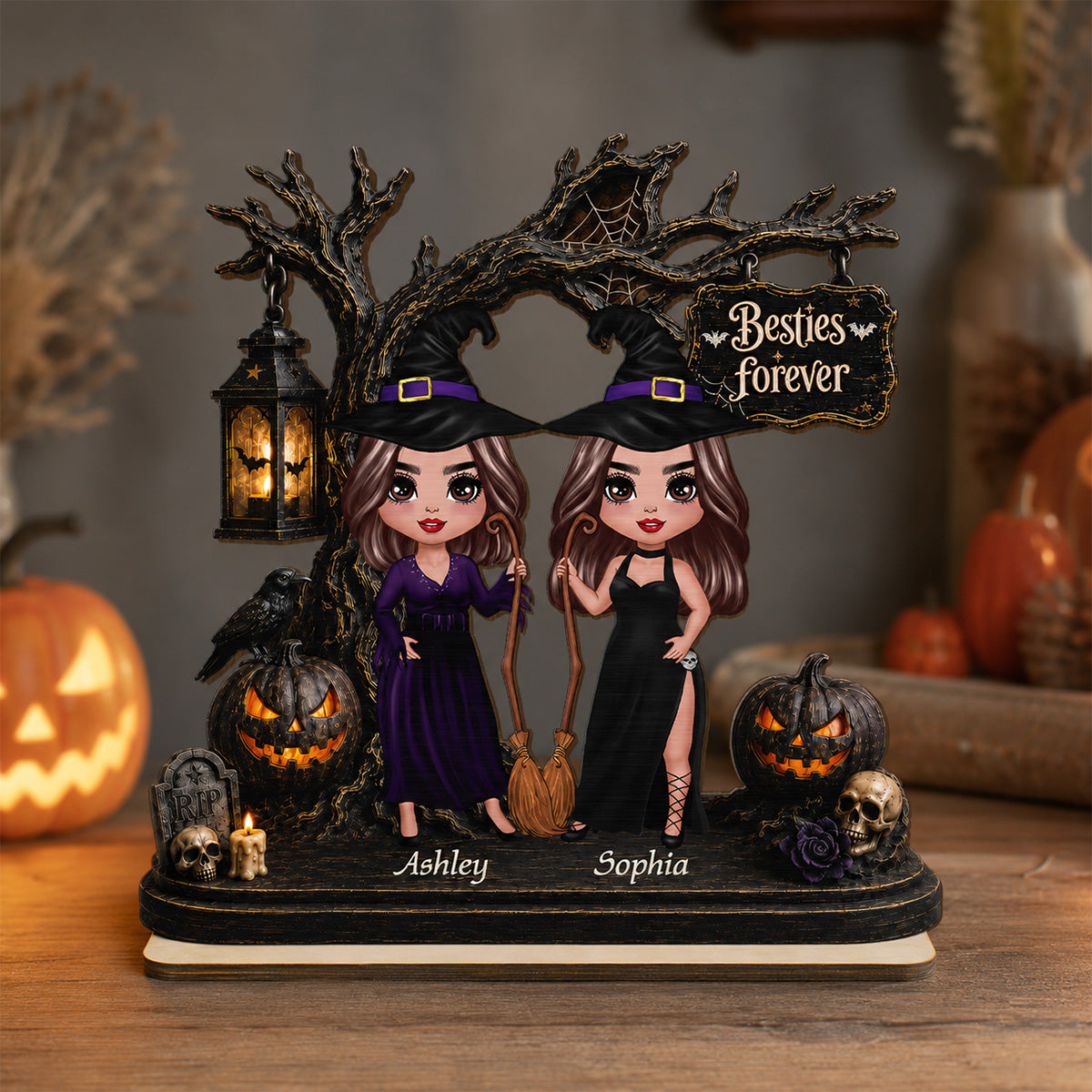 Witch Besties Spooky Halloween Tree 2D Flat - Personalized 2-Layer Wooden Plaque - Tabletop Tier Tray Wicca Pagan Decor