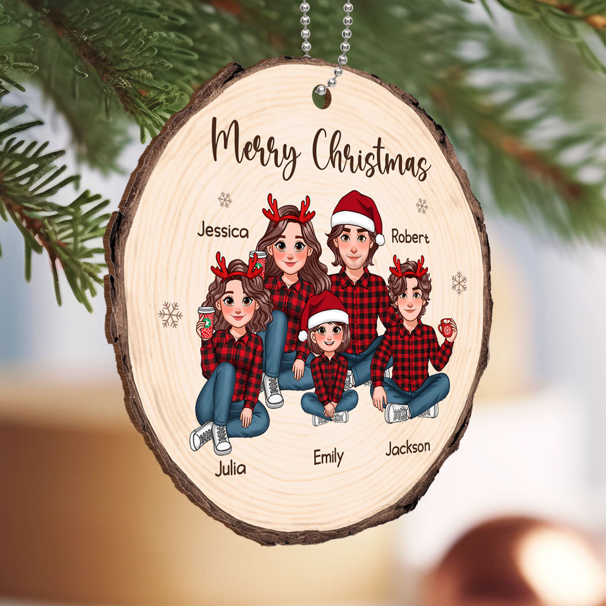 Animated Family Wood Slice Christmas Personalized Wooden Ornament