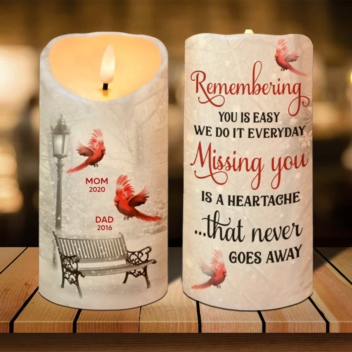 Cardinals Winter Memorial Personalized LED Candle, Remembrance Gift, Sympathy Gift