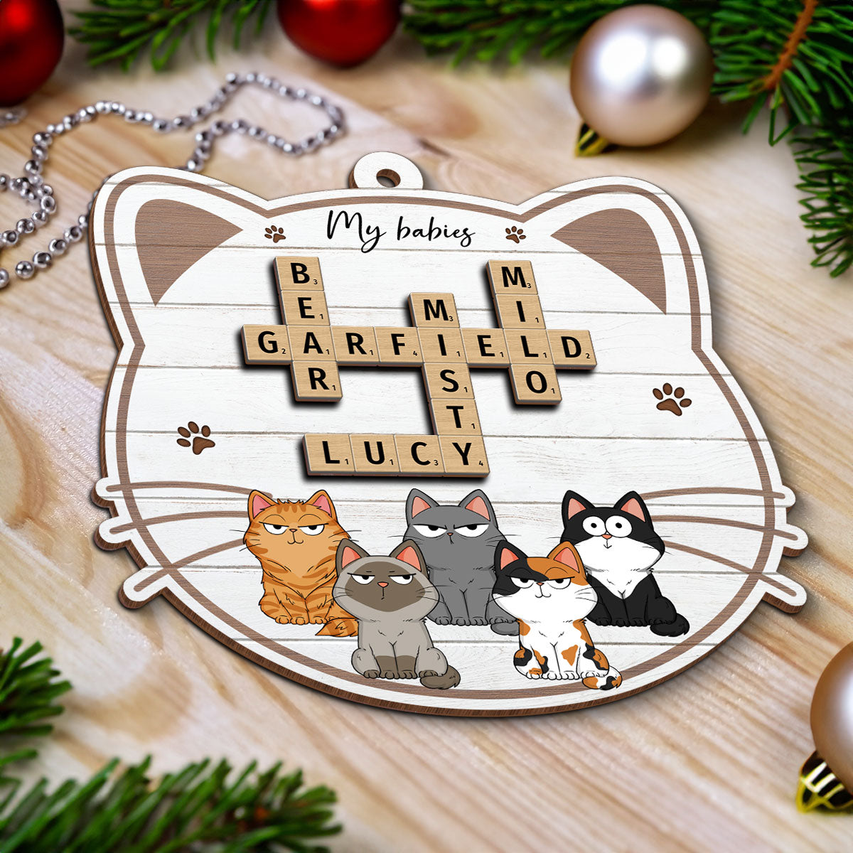 My Babies Cats Crossword Puzzle Art Personalized 2-Layer Wooden Ornament