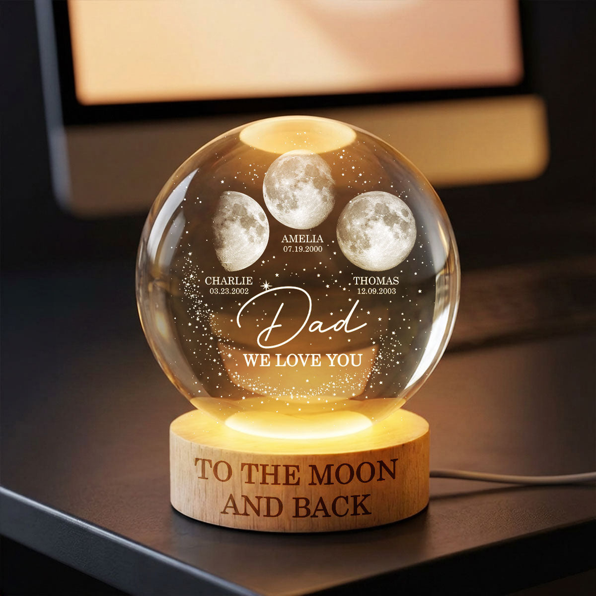 Love to the Moon and Back - Personalized Crystal Ball LED Night Light - Custom Moon Phase by Date, Father's Day Gift for Dad, Husband