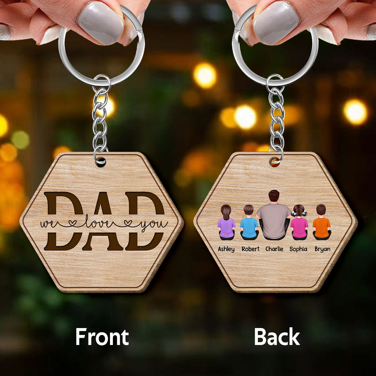 Hexagon Best Dad Ever Back View Man Kids Dog Cat Father‘s Day Gift Personalized Wooden Keychain