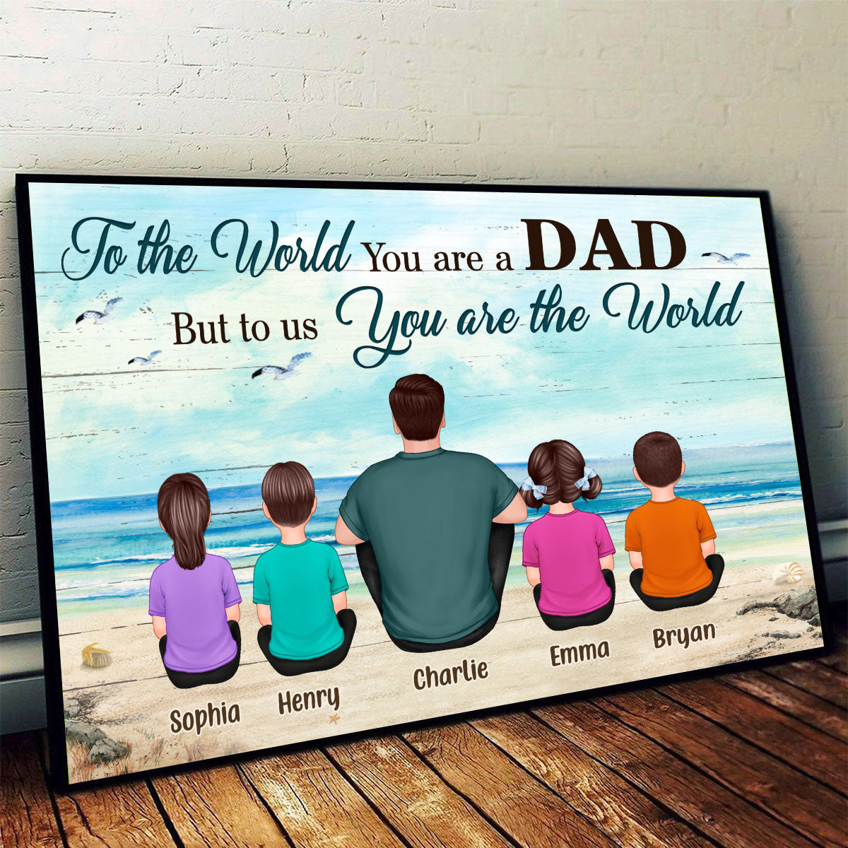 Back View Dad And Kids Dogs Cats Sitting Beach Landscape Gift For Dad Personalized Horizontal Poster