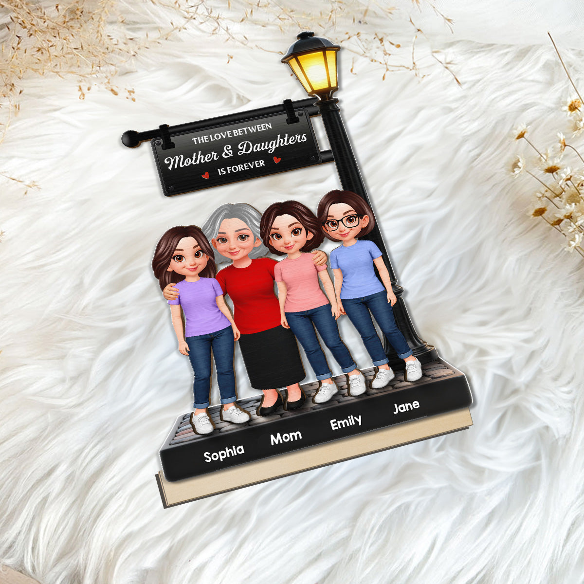 Mother And Daughter Son Happy Together Under Lamp Post - Personalized 2-Layered Wooden Plaque - Mother's Day Gift For Mom