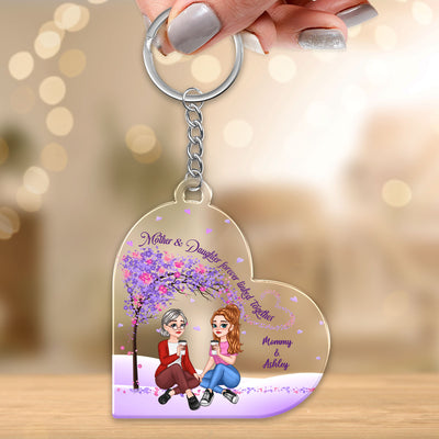 Pretty Cartoon Mom Daughter Sitting Under Purple Tree Personalized Acrylic Keychain