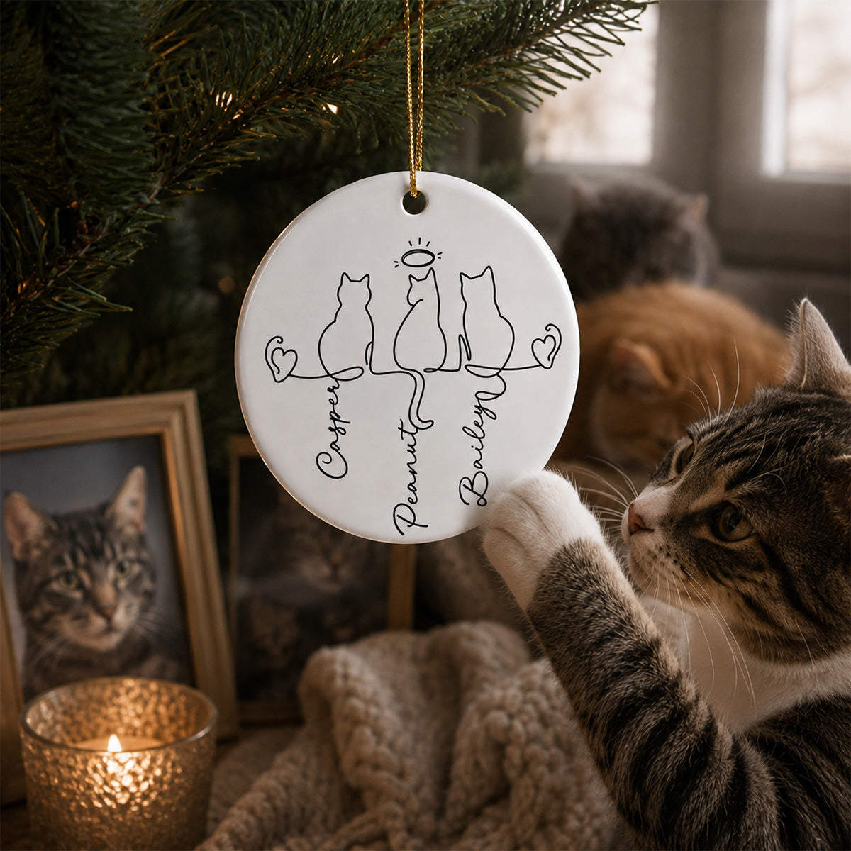 Cats Ornament - Personalized Ceramic Ornament - Cat Lover Gift, Pet Memorial Ornament, Cat Family Keepsake
