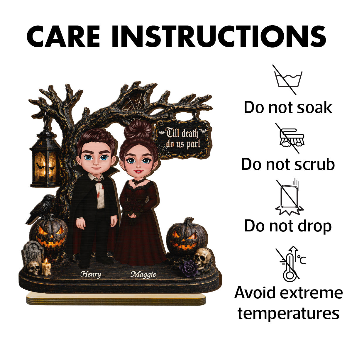 Couple Standing Under Spooky Halloween Tree 2D Flat - Personalized 2-Layer Wooden Plaque - Tabletop Tier Tray Wicca Pagan Decor