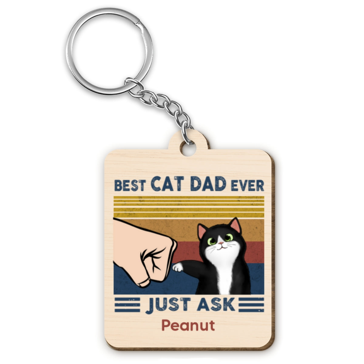 Best Cat Dad Fluffy Cat Personalized Wooden Keychain